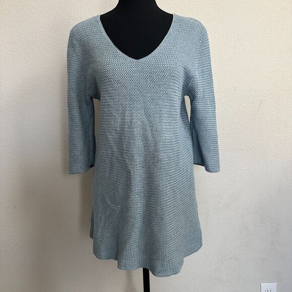 J Jill Tunic Sweater Large Petite Knit Cotton Blend V Neck 3/4 Sleeve Casual - Picture 1 of 9